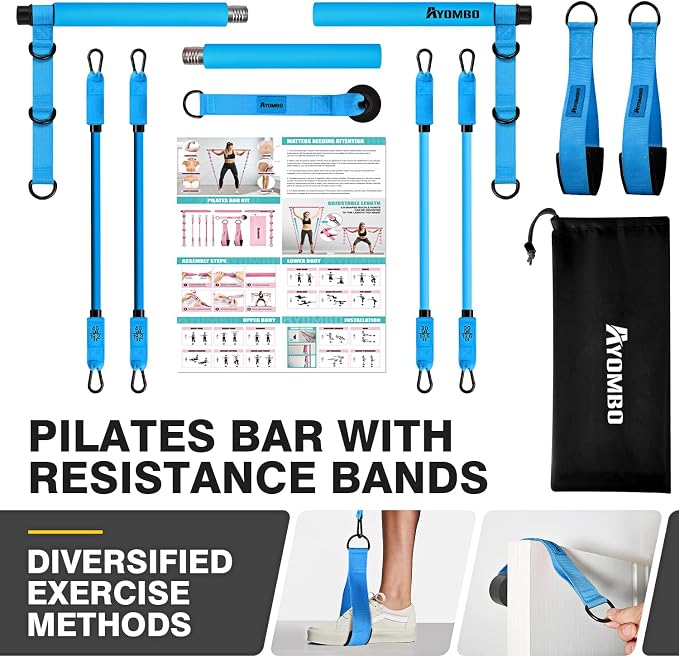 Ayombo Pilates Bar Kit with Resistance Bands, Pilates Workout Equipment for Legs, Hip, Waist, Arm, Squats Exercise Equipment for Home Workouts, Adjustable 3-Section Pilates Bar Kit for Women & Men