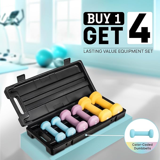 Yes4All Neoprene Coated Dumbbell Hand Weight Sets - Multiple Weight Options with Rack, Anti-roll, Anti-Slip, Hexagon Shape