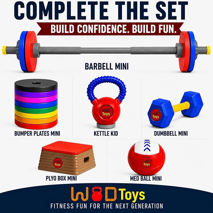 WOD Toys® Barbell Mini - Adjustable Kids Barbell Toy Weight Set for Kid Fitness, Weightlifting and Power lifting - Safe, Durable Kid's Gym Workout and Exercise Equipment for Toddlers and Children