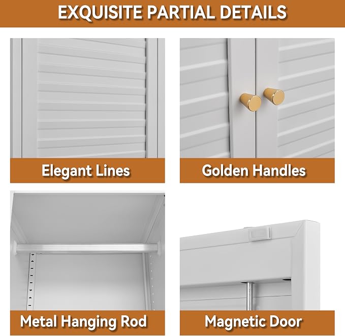 Polup Metal Armoire Wardrobe Closet with Doors, 71" Tall Wardrobe Cabinet | Heavy Duty Steel Clothing Storage Cabinet with Adjustable Shelves, Hanging Rod, for Bedroom, Office, Employee, Gym, White