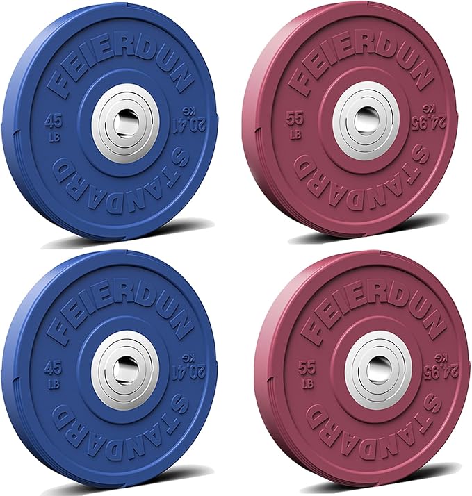 FEIERDUN Color Bumper Plate Set, 2-Inch Olympic Weight Plates, Low Bounce Rubber Barbell Plates with Stainless Steel Insert for Weightlifting, Strength Training, CrossFit & Home Gym, 10LB-370LB