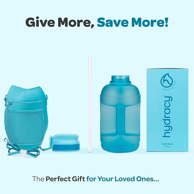 Hydracy Motivational Water Bottle with Time Marker and Straw Lid 78 oz | Leakproof,BPA Free,No Sweat Neoprene Sleeve,Carry Strap,Daily Intake Tracking for Fitness & Outdoors
