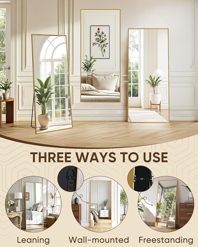 Antok Full Length Mirror, 56"x14" Floor Mirror, Floor Standing Freestanding Full Body Mirror with Stand for Bedroom, Hanging Mounted for Living Room Cloakroom, Gold
