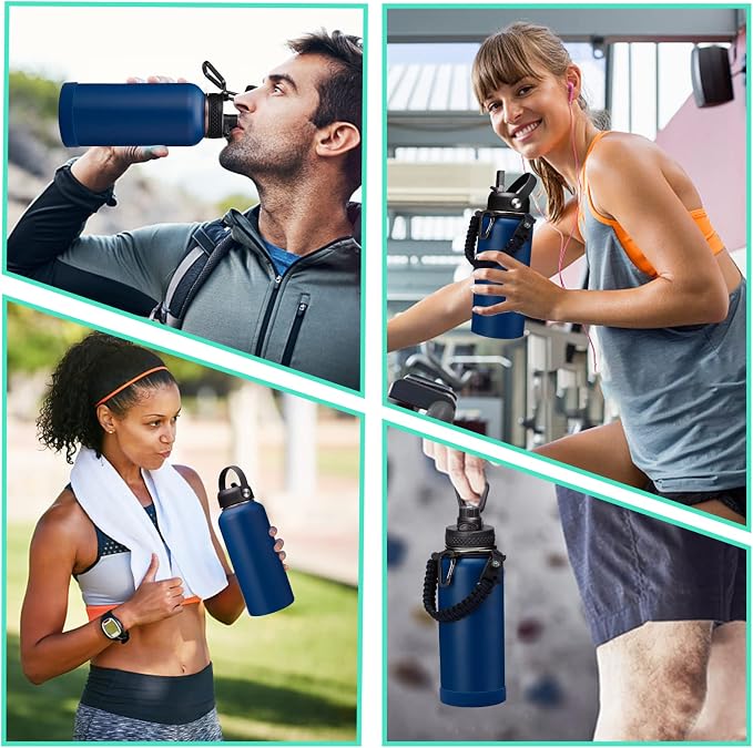 Stainless Steel Water Bottles 32oz - with Paracord Handle, Straw/Spout Lid, Carrying Case & Protective Boot, Leak Proof Double Wall Vacuum Insulated Bottle Keep Cold 48H & Hot 24H