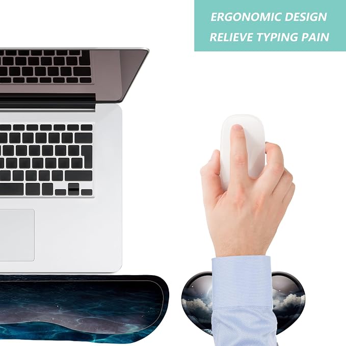 Keyboard Wrist Rest Mouse Wrist Support Set, Memory Foam Wrist Rest Pad for Computer Laptop Keyboard Mouse, Ergonomic Wrist Cushion Support for Typing Pain Relief, Gaming Home Office, Moonlit Night