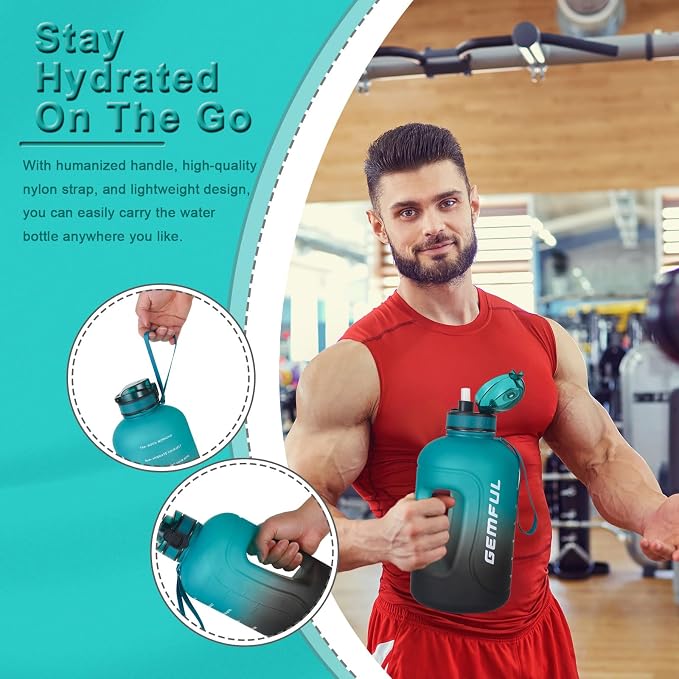 GEMFUL 3 Liter Water Bottle with Straw BPA-Free Sports Jug (Green/Black) | Leak-proof, Tracks Daily Intake, Great for Gym, Hiking, Camping, Home,Office, Travel, Women,Men