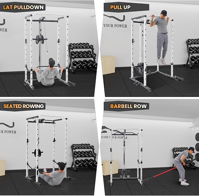 GarveeLife Power Cage, Multi-Function Squat Rack with LAT Pulldown, 1600 LBS Weight Capacity Fitness Power Rack with Cable Pulley System and j-Hooks, Dip Bars and Landmine Attachment for Home Gym