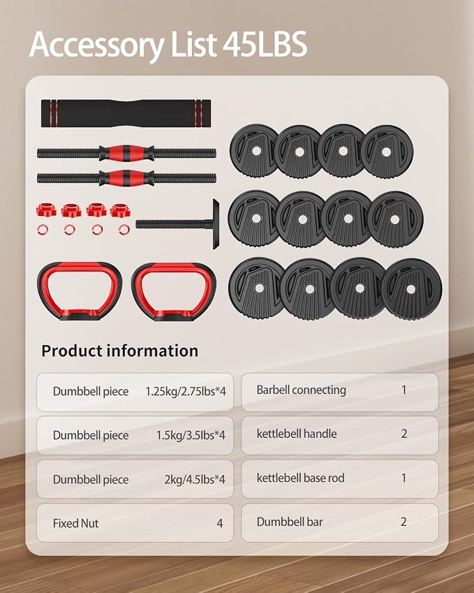 Adjustable Dumbbell set,20/30/45/70/90lbs Free Weight Set | 5 in1 Dumbbell Set with Connector,Used as Barbell,Kettlebells,Push up Stand,Fitness Exercises for Home Gym Suitable Men/Women