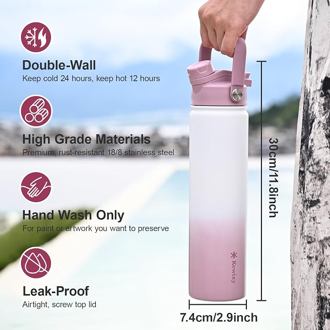 KEWIXY 24 oz Insulated Water Bottle, 2-in-1 Lid, Straw & Spout with Protected, Leak Proof, Keep Cold, Stainless Steel, Metal, Reusable, Handle, for Travel, Gym and School, 2 Lids, Iced Plum