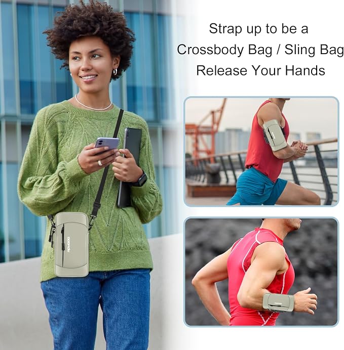 Phone Holder for Running, Armband with Crossbody Strap 7.5" Khaki | Water Resistant & Lightweight Running Armband Phone Holder, Adjustable Elastic Band, Small Shoulder Bag for iPhone Samsung