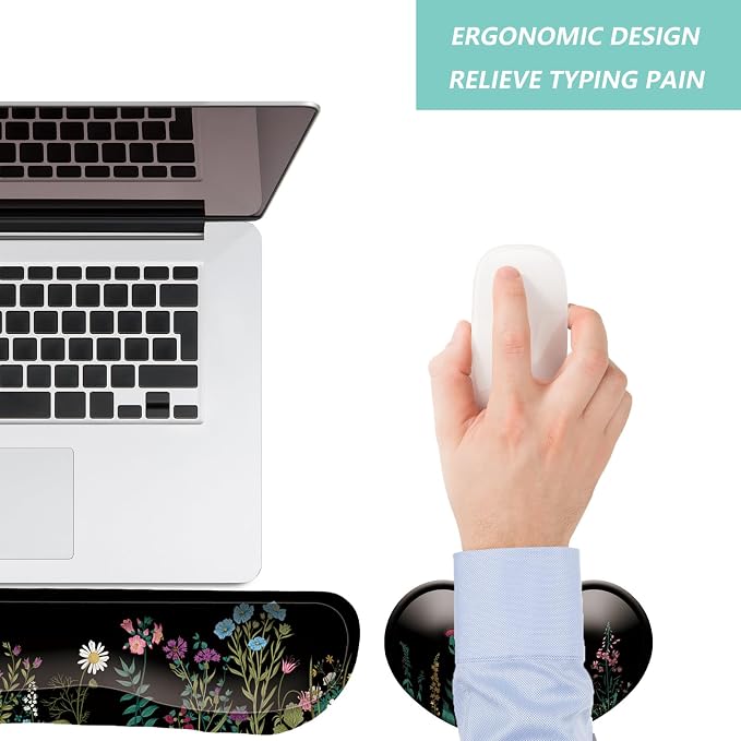 Keyboard Wrist Rest Mouse Wrist Support Set, Memory Foam Wrist Rest Pad for Computer Laptop Keyboard Mouse, Ergonomic Wrist Cushion Support for Typing Pain Relief, Gaming Home Office, Flowers Grass