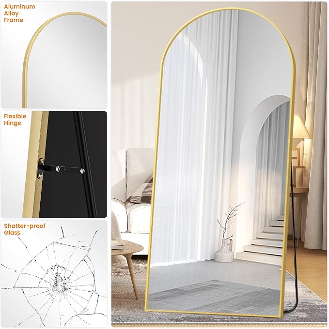 TRAHOME Full Length Arched Mirror, 75"x35" Standing Floor Full Body Mirror for Wall with Aluminum Alloy Frame for Bedroom, Living Room, Dressing Room(Gold)