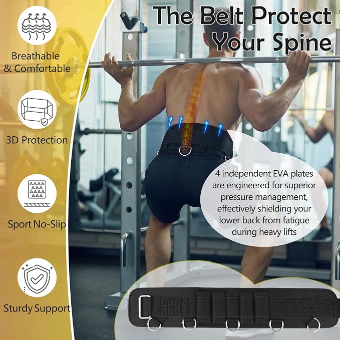 5 D-Rings Dip Belt with 30.7" Adjustable Nylon Strap for Pull Up | Weight Lifting weighted Gym Belts with Structured Back Supportfor Squat, Powerlifting & Deadlift