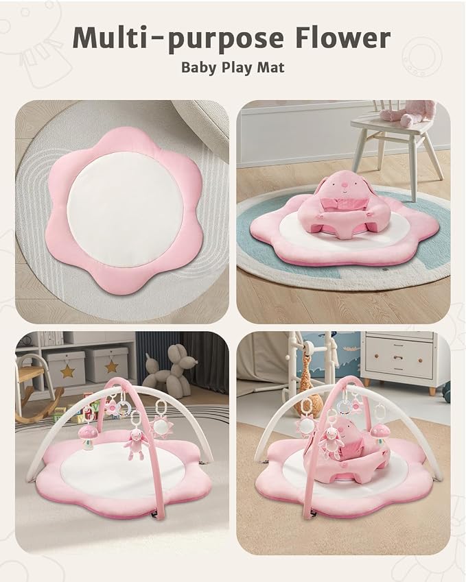 suihuooo 3-in-1 Baby Play Mat, Baby Seats for Infants for Sitting Up, Tummy Time Mat with 5 Detachable Toys, Activity Gym & Playmats for Babies 0-6 6-12 Months, Newborn Babies Shower Gifts
