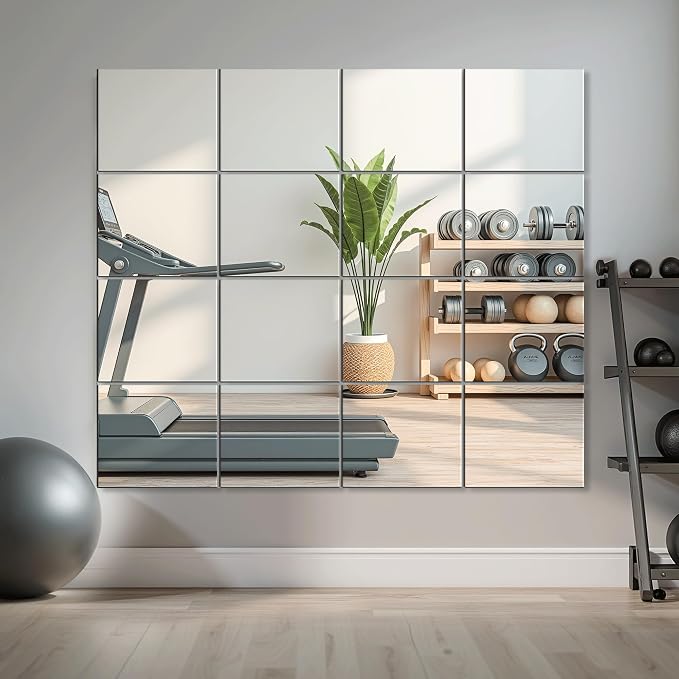 Delma Home Gym Mirror Tiles, 14'' x 12'' Glass Frameless Mirror | 16 PCS, For Home Gym, Bedroom, Door, Bathroom