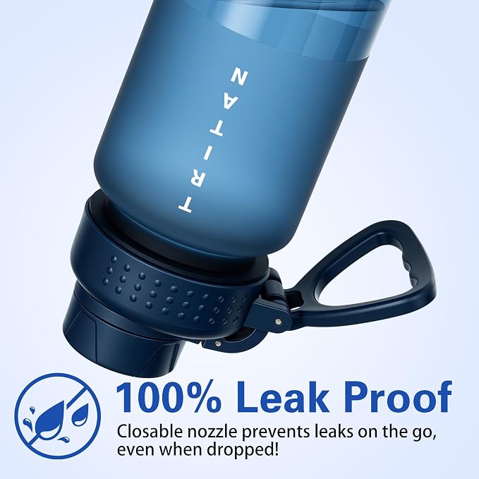 OLDLEY 32oz Water Bottle with Handle, BPA-Free Tritan Reusable Sports Water Bottle with Leak-Proof Dust Lid, Wide Mouth, Cup Holder Friendly, Half Frosted Clear Bottle for Gym, Travel, Work,Navy Blue