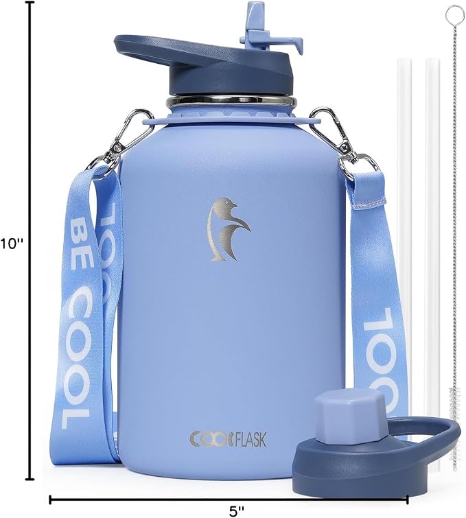 Coolflask Half Gallon Water Bottle Insulated Stainless Steel with Strap | 64 oz Large Water Jug with Straw & Spout Lids,Triple-Wall, Cold 48+h,Dishwasher Safe, Leakproof, BPA-Free,for Gym & Hiking