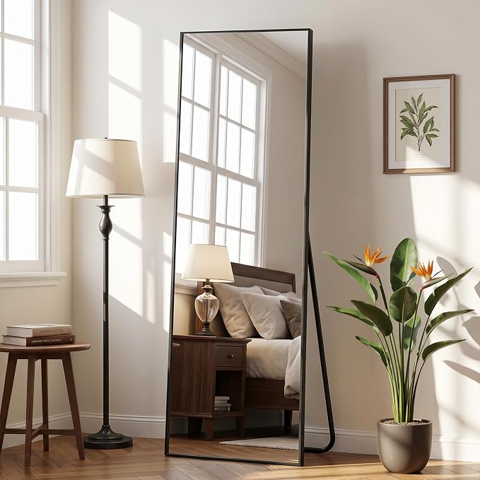 Antok Full Length Mirror, 56"x14" Floor Mirror with Stand, Hanging Mounted Mirrors for Bedroom, Living Room, Cloakroom, Dining Room, Black, Rect