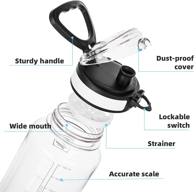 Fanhaw 32 Oz Clear Tritan Water Bottle (6 Pack), BPA-Free & Leak-Proof, Wide Mouth with Anti-dust Chug Lid, Reusable Plastic Bottle for Gym, Travel, School & Office (Clear&White)
