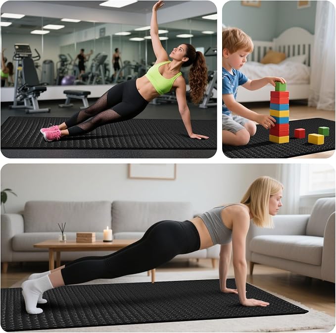 4x6ft Gym Floor Mat 10mm Thick - Large TPE/NPE Foam Workout Mat for Home Gym, Garage Floor, Yoga & Exercise - Non-Slip Eco-Friendly Fitness Mat (Black)