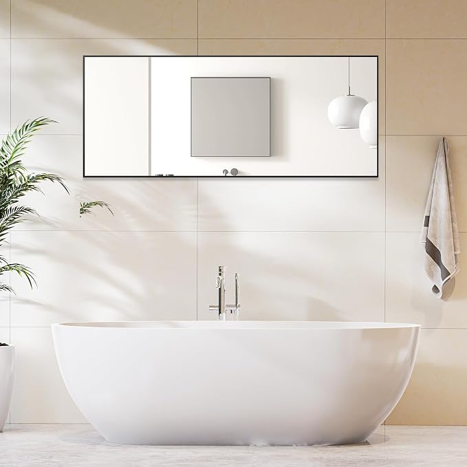 OLIXIS 64"x21.5" Full Length Mirror with Stand, Body Mirror | Shatter-Proof Glass, Hanging or Leaning for Wall, Floor Standing, Bedroom Living Room, Long, Black