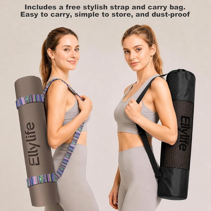 Yoga Mat - Non Slip Natural Rubber Yoga Mat, Alignment Lines, Ultimate Grip | Anti-Tear, Durable & Thick 5mm, Skin-Friendly with Free Carry Strap, Bag, for Yoga, Pilates Fitness and Floor Exercises