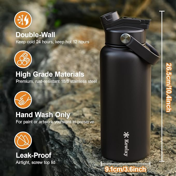 KEWIXY 32 oz Insulated Water Bottle, 2-in-1 Lid, Straw & Spout with Protected, Leak Proof, Keep Cold, Stainless Steel, Metal, Reusable, Handle, for Outdoor, Gym and School, 2 Lids, Midnight Black