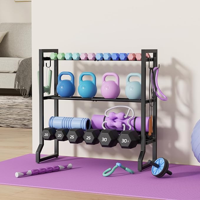 3 Tier Dumbbell Rack, 400LB Weight Rack with 4 Hooks for Home Gym | 1.18"-5.9" Adjustable Width, Anti-Slip Base, 0.04" Thick Tube, Rotatable Leveling Feet, Holds Dumbbells, Yoga Balls