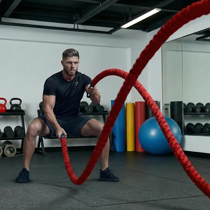 Battle Rope for Home Gym Workout - 1.5 Inch 30ft Heavy Weighted Training Exercise Ropes Fitness Equipment with Sleeve and Anchor Strap Kit for Outdoor Working Out - Red