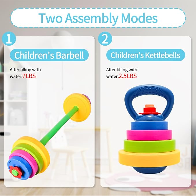 Kids Weight Set – Adjustable Barbell & Kettlebell with Water Bottle | BPA-Free Plastic, Safe for Ages 3-8, Water-Fillable for Adjustable Weight, Boosts Coordination & Confidence