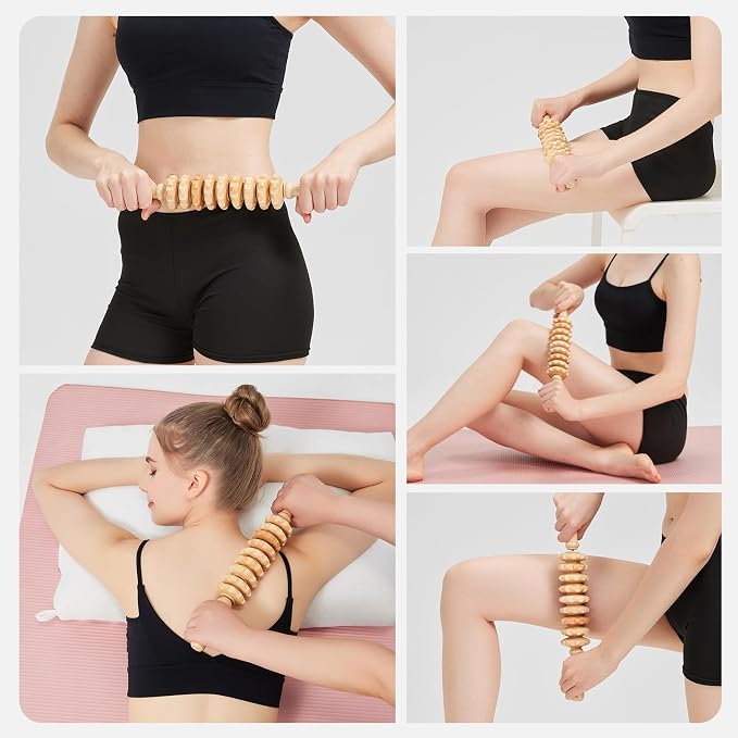 Wooden Cellulite Muscle Roller for Legs and Thighs - Handheld Fascia Blaster Tool for Muscle Relief, Lymphatic Drainage & Body Sculpting - Anti Cellulite Massager for Women and Men (9 Wheel)