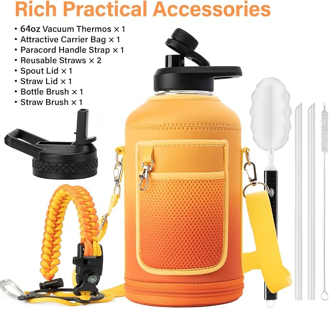 DYSANKY 64 oz Insulated Water Bottle | Upgraded Thickened Stainless Steel Water Jug for Hiking with Straw, Carrier Bag, Handle Strap | BPA-Free 64 oz