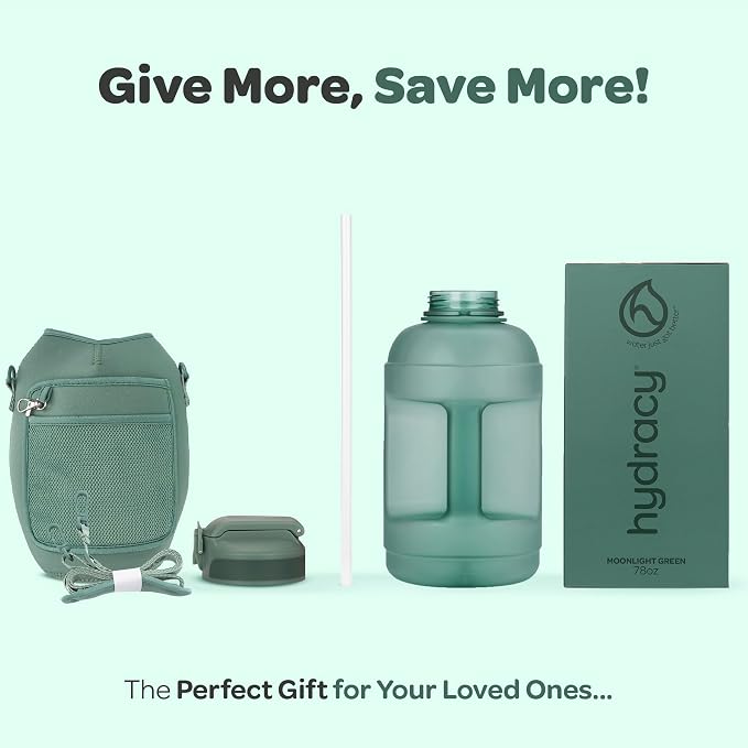 Hydracy 2.3L BPA-Free Tritan Plastic Water Bottle with Adjustable Shoulder Strap, Spill-Proof Lid, and Convenient Silicon Spout for Hydration on the Go | Leakproof,BPA Free,No Sweat Neoprene Sleeve,Carry Strap,Daily Intake Tracking for Fitness & Outdoors