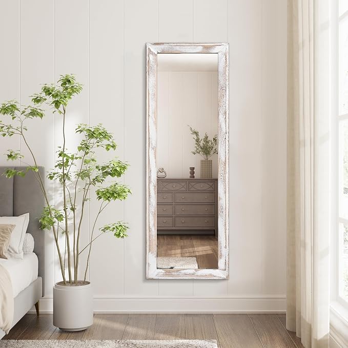 AAZZKANG Wall Mirror Full Length Rustic Wood Framed Large 43"x14" | Rectangular Full Body Mirrors for Bedroom Living Room Bathroom Entryway White Decorative