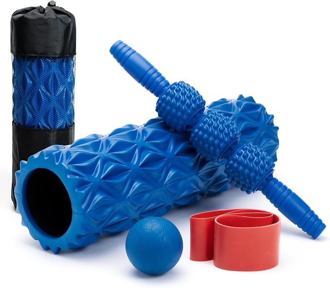 SUBCULTUREPICK 5 in 1 Foam Roller Set High Density Deep Tissue Massager | Trigger Point Massage Roller for Muscle Massage, Massage Ball, Resistance Band for Whole Body Physical Therapy Pure Blue