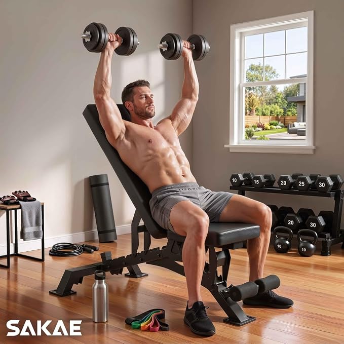SAKAE Adjustable Weight Bench, 85° to -13° Incline, Decline & Flat Workout Bench for Home Gym, 1000LB Capacity with 9 Backrest Positions, Multi-Position Adjustability Gym Bench for Full Body Workout
