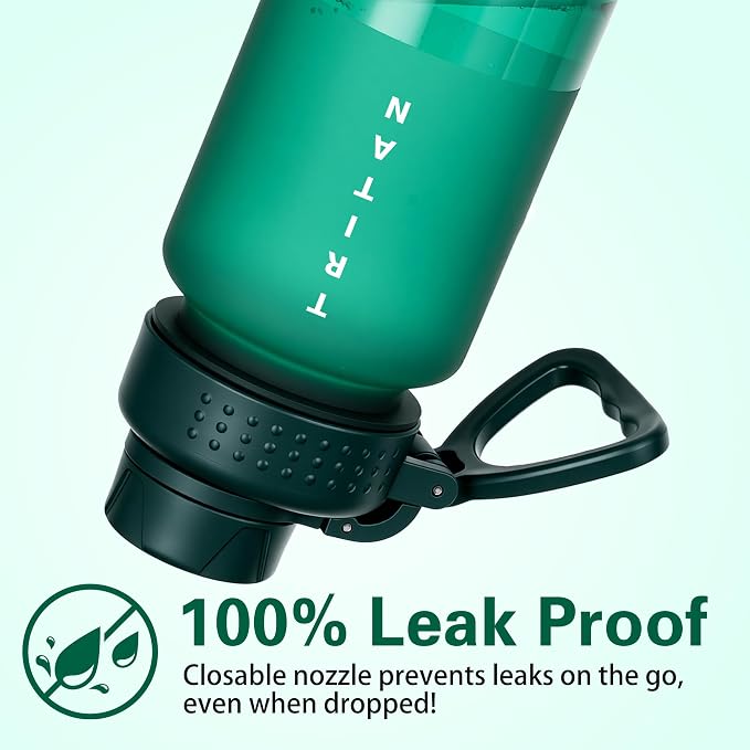 OLDLEY 32oz Water Bottle with Handle, BPA-Free Tritan Reusable Sports Water Bottle with Leak-Proof Dust Lid, Wide Mouth, Cup Holder Friendly, Half Frosted Clear Bottle for Gym,Travel, Work,Teal Green