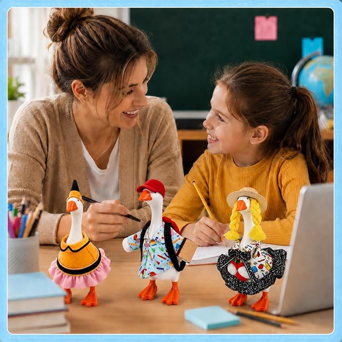 7 Inch Desk Goose Statue with 6 Back to School Outfits Set Cute Mini Goose Decor School Classroom Office Home Table Decoration First Day of School Gifts for Teachers Students