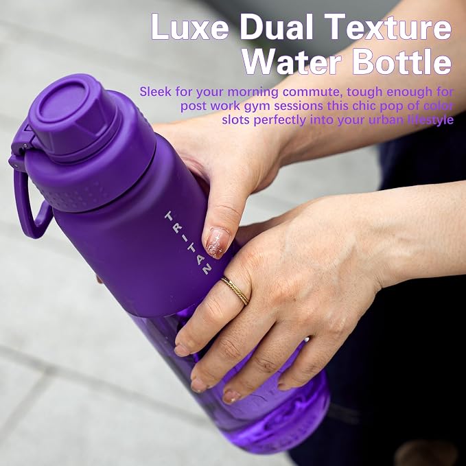 OLDLEY 32 oz Water Bottle with Handle, BPA-Free Tritan Reusable Sports Water Bottle with Leak-Proof Dust Lid, Wide Mouth, Cup Holder Friendly, Half Frosted Clear Bottle for Gym, Travel, Work,Purple