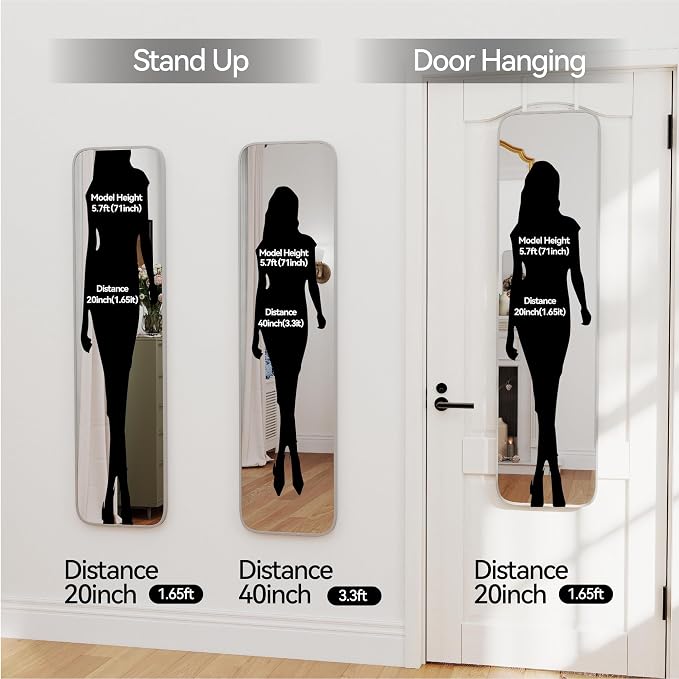SCWF-GZ 47x14 Mirror Full Body Length Door Hanging/Rope Hang/Wall Mounted Metal Frame Rectangle Mirrors for Bedroom Bathroom Dressing Living Room 47 inch Silver