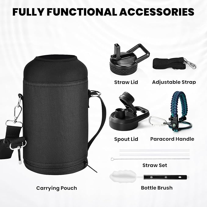 RAYMYLO Insulated Water Bottle 64 oz, Triple Wall Vacuum Stainless Steel (Cold for 48 Hrs), Leak Proof & Non-BPA, Half Gallon Water Flask Jug with Paracord Handle & Straw Spout Lids, Cyan Blue | (Cold for 48 Hrs), Leak Proof & Non-BPA, Half Gallon Wate...