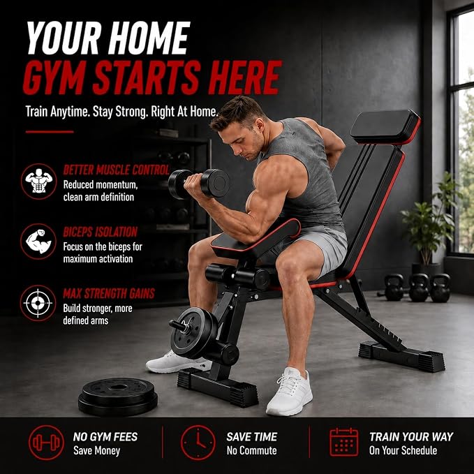 Adjustable Weight Bench, Foldable Workout Bench Press for Home Gym | Heavy duty utility incline decline flat bench with preacher curl, leg extension for full-body strength training.