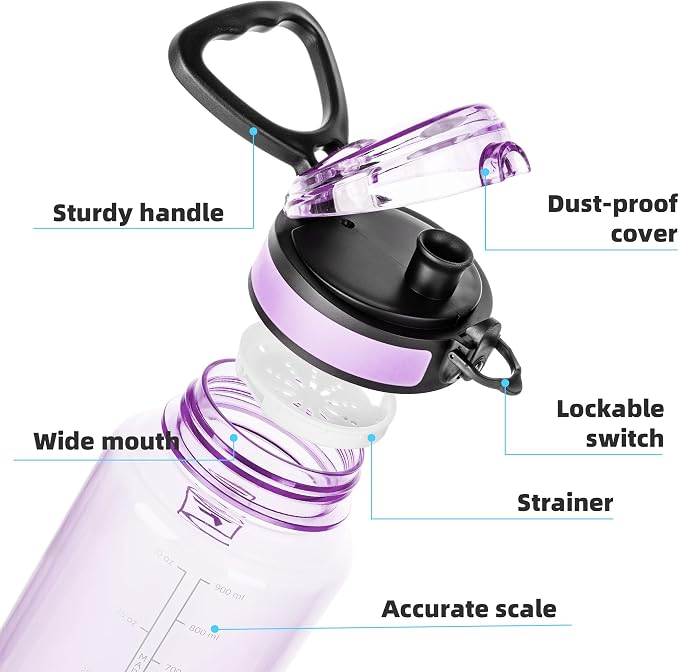 Fanhaw 32 Oz Clear Tritan Water Bottle, BPA-Free & Leak-Proof, Wide Mouth with Anti-dust Chug Lid, Reusable Plastic Bottle for Gym, Travel, School & Office, Back to School Essentials (Amethyst)