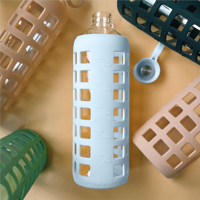 purifyou 40oz / 32oz / 22oz / 12oz Borosilicate Glass Water Bottle with Time & Volume Markers, Silicone Sleeve, Stainless Steel Lid | Reusable Glass Bottle for Water & Juice (40oz Ice Blue)