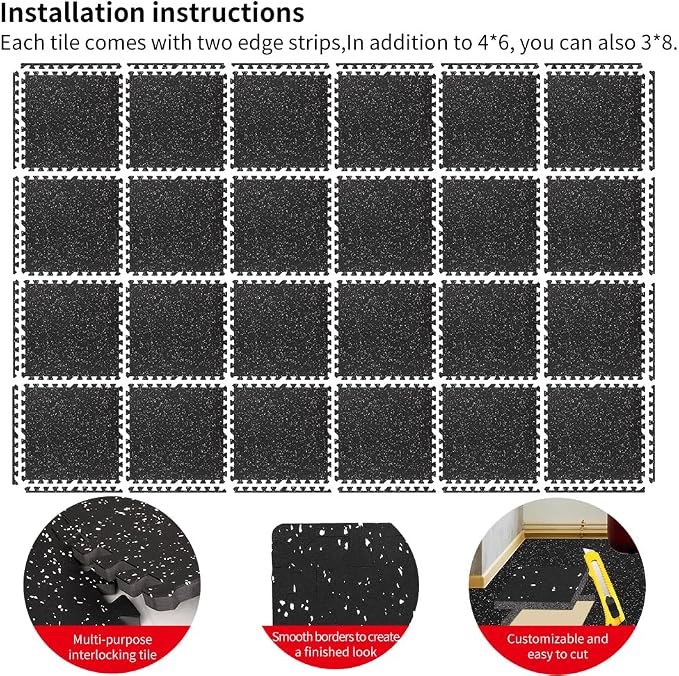 0.56in Thick 96 Sq Ft Gym Flooring for Home Gym, 24 Tiles Workout Exercise Equipment Mats, Rubber Top with EVA Foam, Interlocking Puzzle Floor Tiles for Fitness Room, Protective Flooring Mat