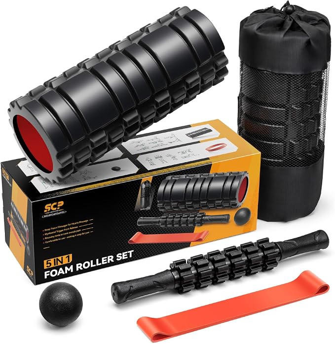 SUBCULTUREPICK 5 in1 Foam Roller Set, Trigger Point Foam Roller Deep Tissue | Massage Roller Stick, Massage Ball, Resistance Band for Physical Therapy, Pilates Yoga,Fitness Exercise for Whole Body Black