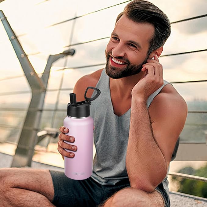 Insulated Water Bottle With Straw,32 oz Vacuum Insulated Stainless Steel Sports Water Flask,Keeps Cold and Hot,Metal Water Bottle Wide Mouth for Gym Travel Camping (Light pink)