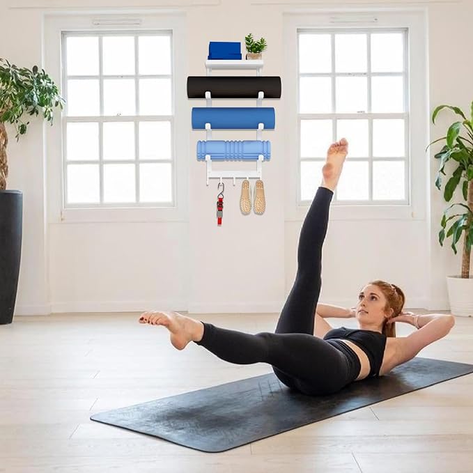 LSK Yoga Mat Holder Wall Mount, 4-Tiers Yoga Mats Storage, White | Home Gym Storage Rack with Floating Shelf for Storing Fitness, Yoga Rollers, 5 Hooks for Skipping-Rope, Small Gym Equipment