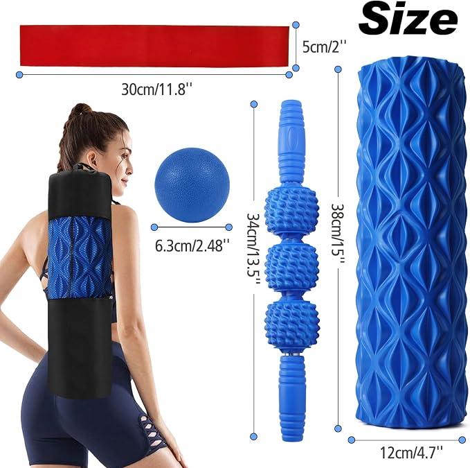 5 in 1 Foam Roller Set High Density Patented Foam Roller for Exercise | Foam Roller Massage Stick, Massage Ball, Resistance Band for Deep Muscle Massage Yoga Trigger Point Release Blue Diamond