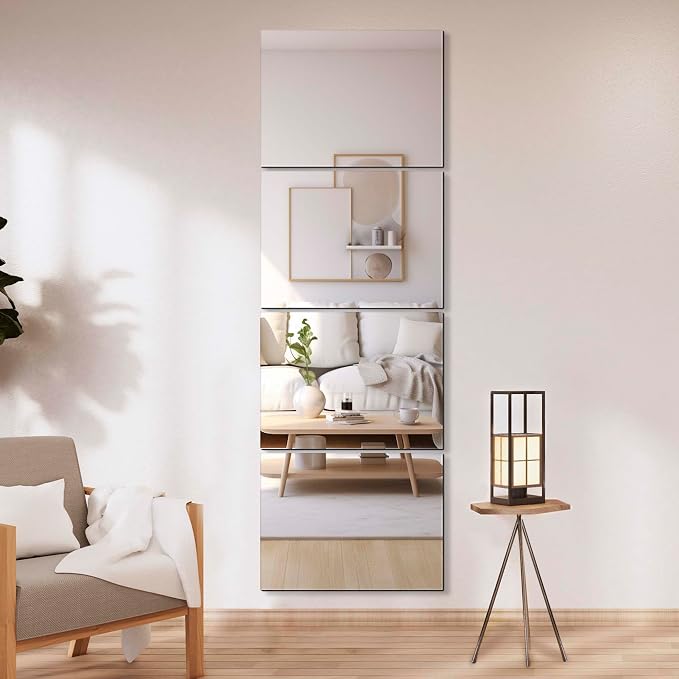 Delma Wall Mirror Full Length, Glass, 16x12'' - 4PCS | Mirror Tiles, Full Body Mirrors for Home Gym, Over The Door, Entryway, Living Room, Bedroom